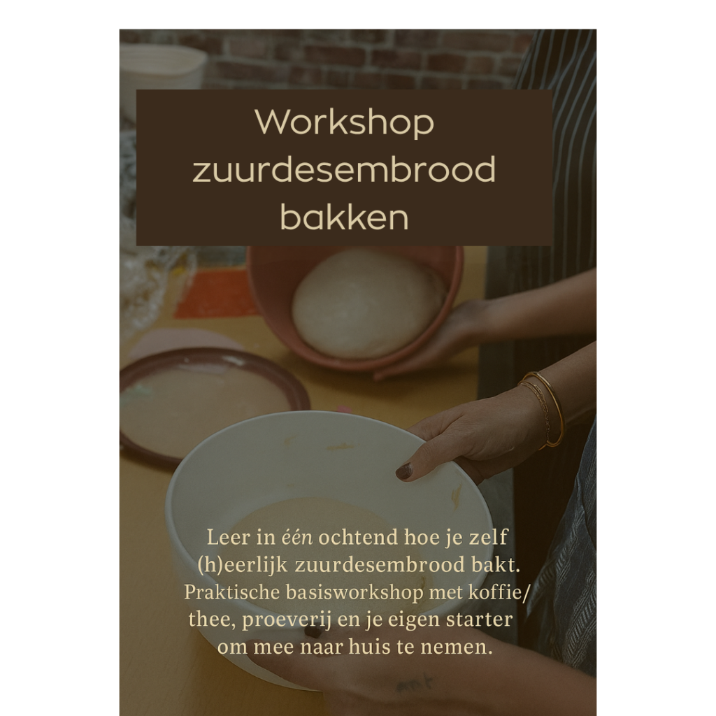 Leer in één ochtend hoe je zelf (h)eerlijk rustiek zuurdesembrood bakt. In deze praktische workshop leer je stap voor stap hoe je je eigen desem onderhoudt, deeg maakt en bakt tot een prachtig, ambachtelijk brood. Geen ervaring nodig – we beginnen bij de basis.